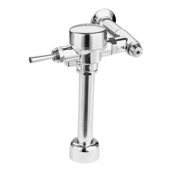 A silver metal Delta Faucet exposed diaphragm flush valve with a handle.