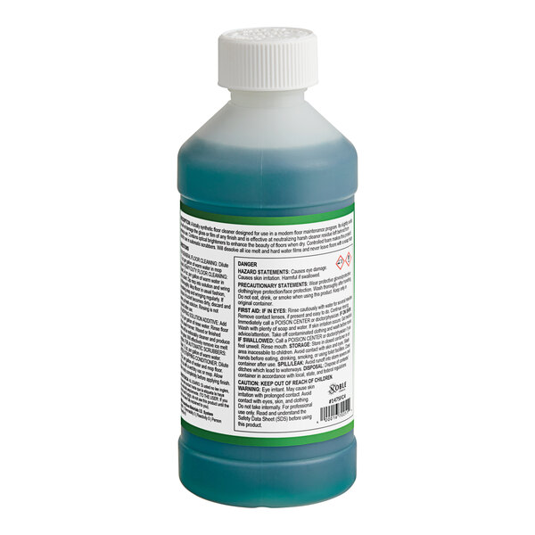 A close-up of a Noble Chemical Step and Shine floor cleaner container with a white cap.