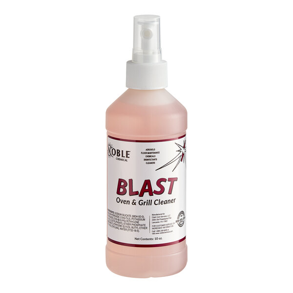 A white bottle of Noble Chemical Blast liquid oven and grill cleaner with a white label.