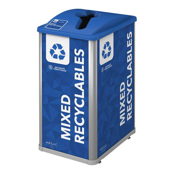 A blue Busch Systems Mosaic decorative recycle bin with white text.