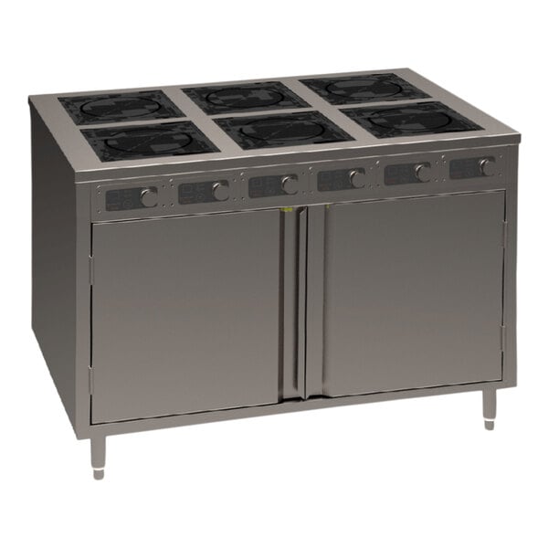 A Spring USA stainless steel slide-in induction cooking cabinet with 6 ranges and doors.