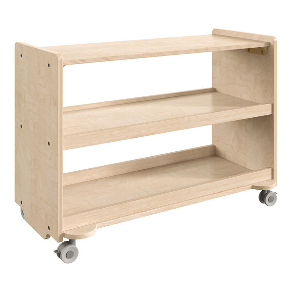 A Flash Furniture wooden mobile storage cart with shelves and locking casters.