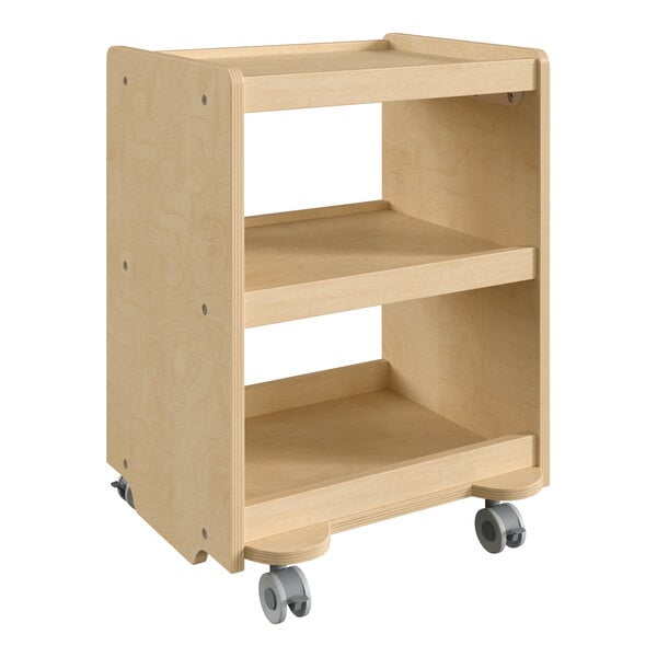 A wooden Flash Furniture storage cart with two shelves on wheels.