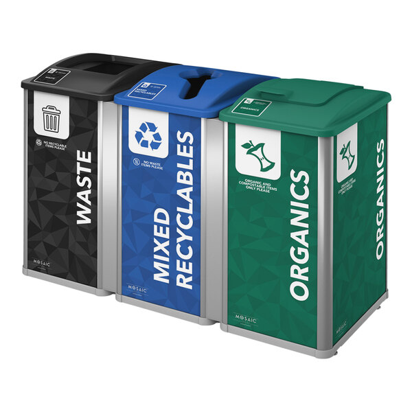 A Busch Systems Mosaic 96 gallon three stream mixed recyclables and waste receptacle with three bins, each with a different color and label.