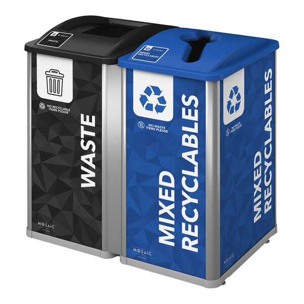 A close-up of two Busch Systems Mosaic 64 gallon decorative trash cans with the words "Mixed Recyclables" and "Waste" on them.