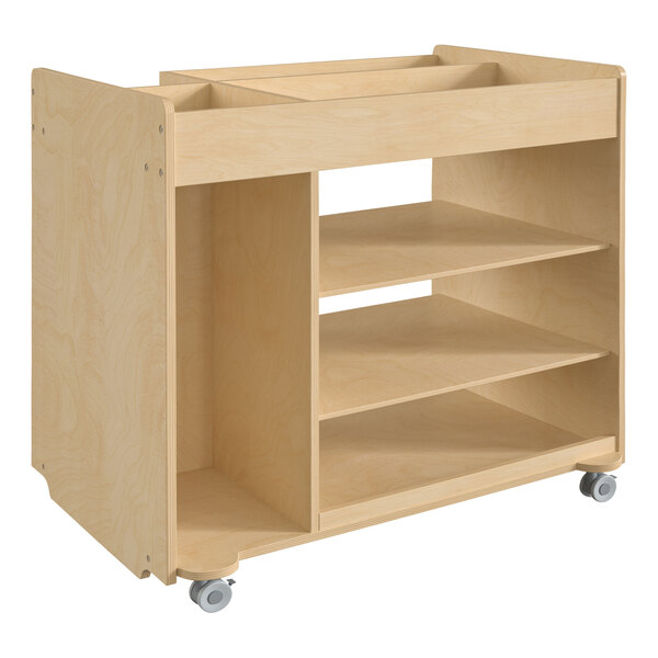 A Flash Furniture wooden mobile storage cart with vertical and horizontal compartments on wheels.