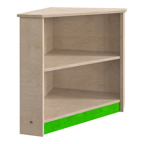 A Flash Furniture wooden corner kitchen cabinet with lime green shelves and trim.