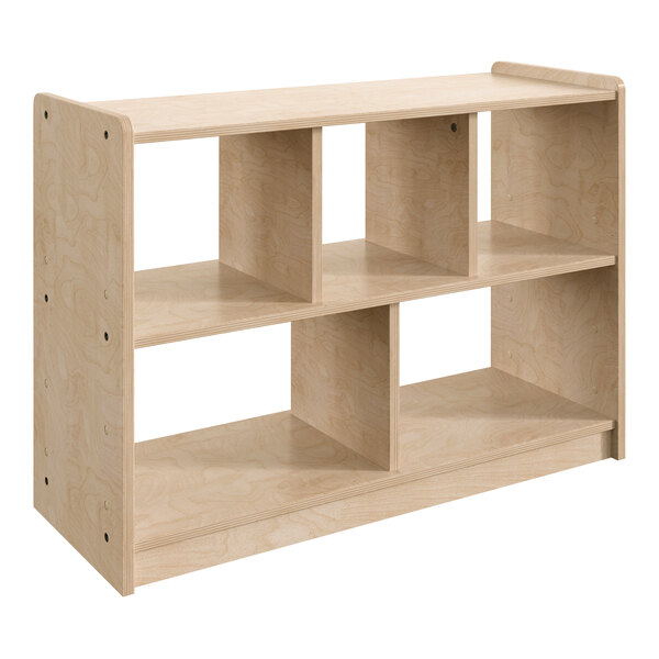 A wooden storage unit with 5 open compartments.