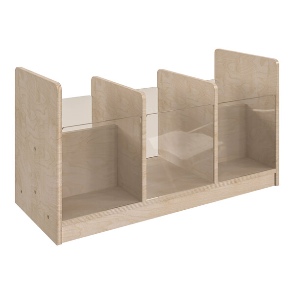 A wooden storage unit with clear acrylic panels on the sides.