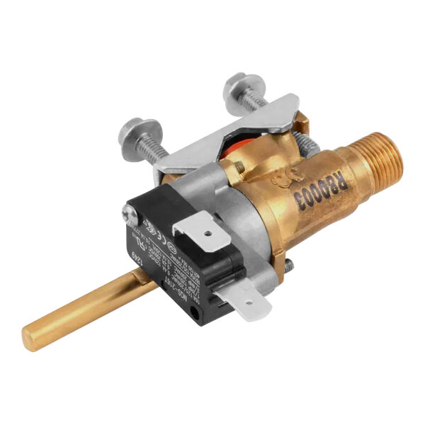 An American Range brass gas valve with a gold handle and microswitch.