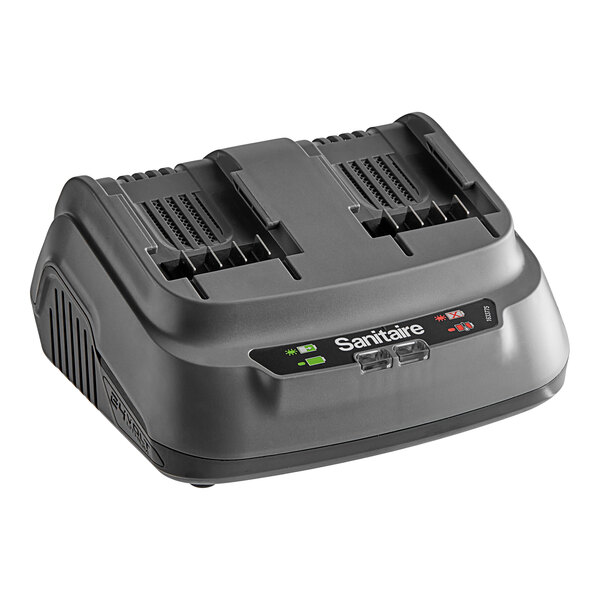 A black Sanitaire dual battery charger with two slots.