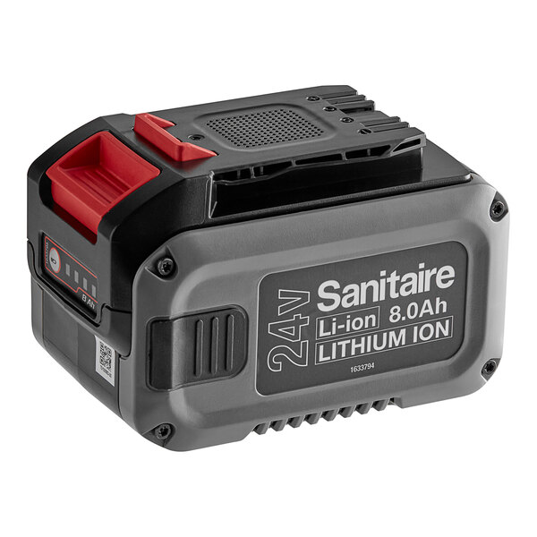 A white Sanitaire 24V lithium ion battery with black and red accents.