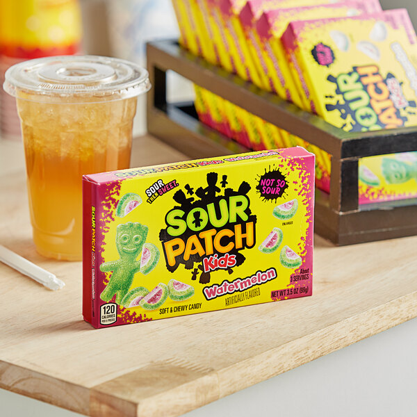 A box of Sour Patch Kids Watermelon soft and chewy candy on a table.