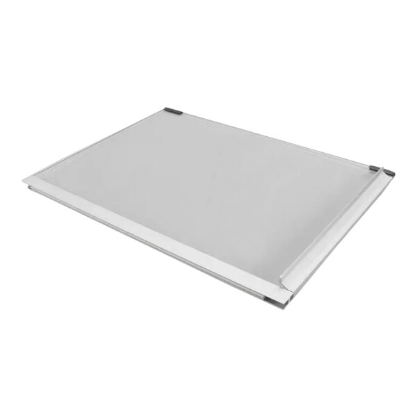 A white metal tray with a silver tray on top on a white board with a black handle.
