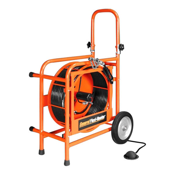 An orange and black cart with a reel of General Pipe Cleaners Flexi-Rooter hose.