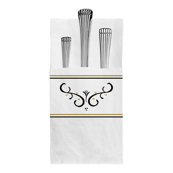 A Hoffmaster white dinner napkin with a silverware pocket and a scroll print.