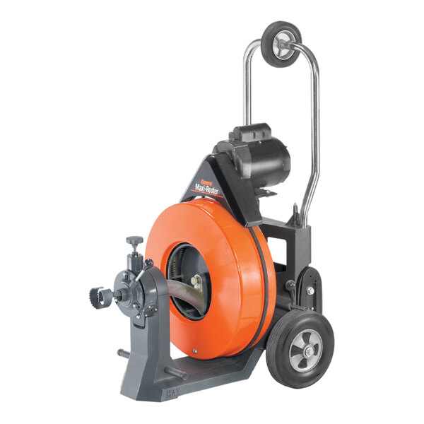A black and orange General Pipe Cleaners Maxi-Rooter hose reel with wheels.