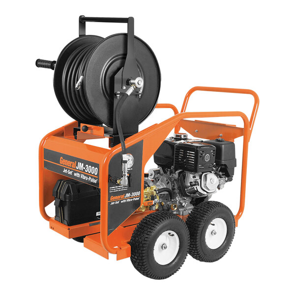 A General Pipe Cleaners gas-powered water jetter machine with hose reel.