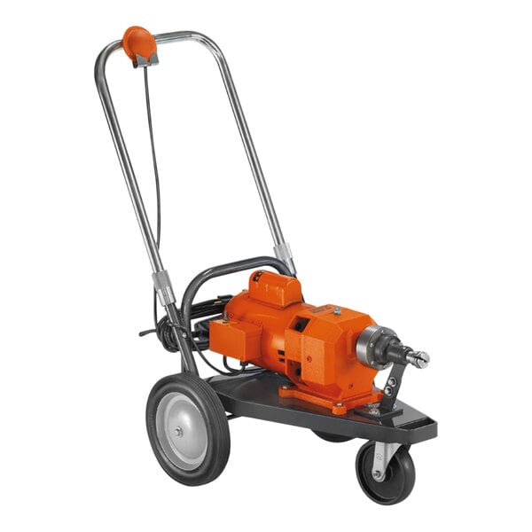 An orange and black General Pipe Cleaners drain cleaning machine with a small wheel on the side.