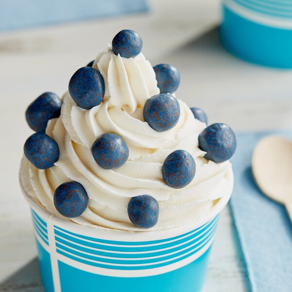 A cup of frozen yogurt with Albanese Milk Chocolate Covered Dried Blueberries on top.