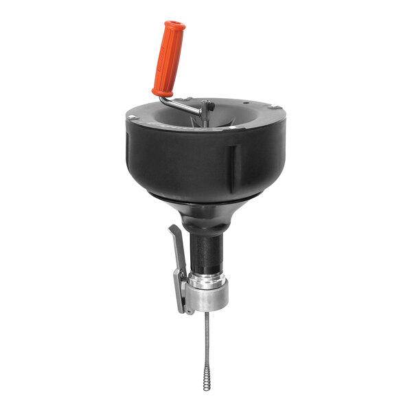 A black and orange handheld drain cleaner with a black and silver drill.