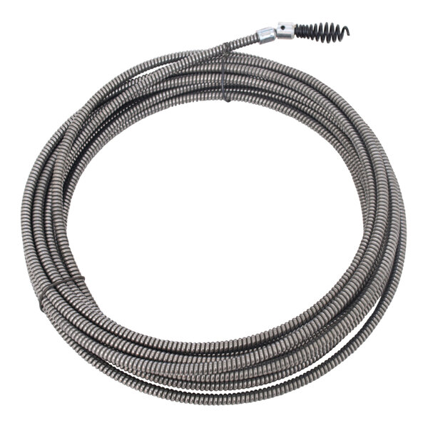 A coiled metal General Pipe Cleaners Flexicore cable with a metal end.
