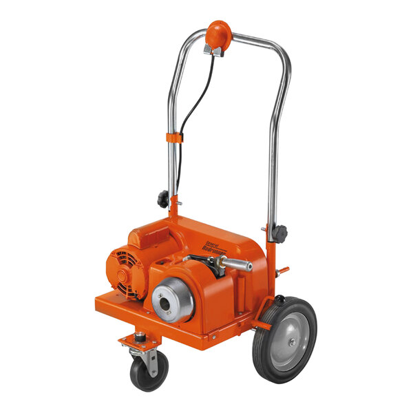 An orange General Pipe Cleaners Rodrunner sectional drain cleaning machine with wheels.
