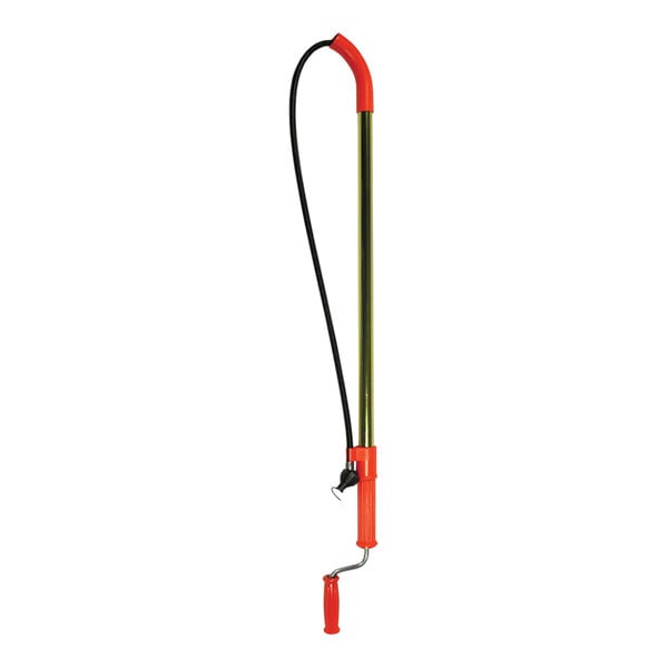 A black and red General Pipe Cleaners Teletube Flexicore Water Closet Auger with a yellow border on the handle.