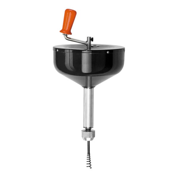A black and silver handheld drain cleaner with an orange handle.