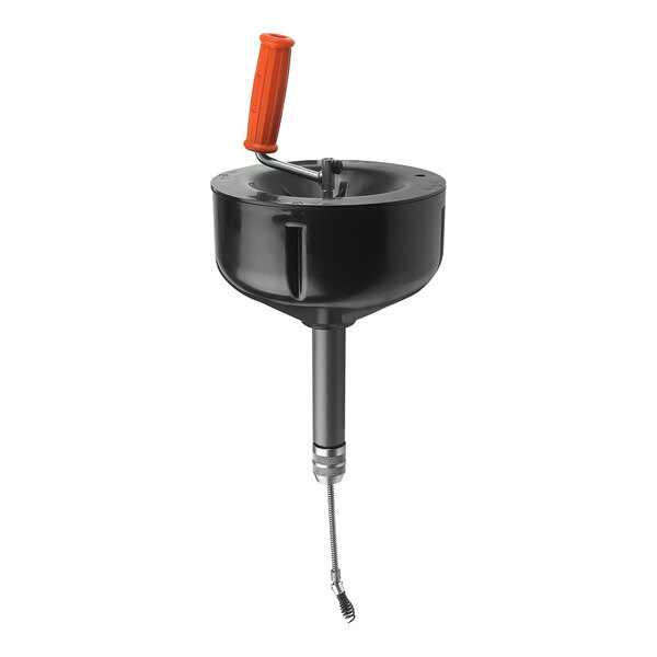 A black and orange General Pipe Cleaners handheld drain cleaner with a black and silver down head.