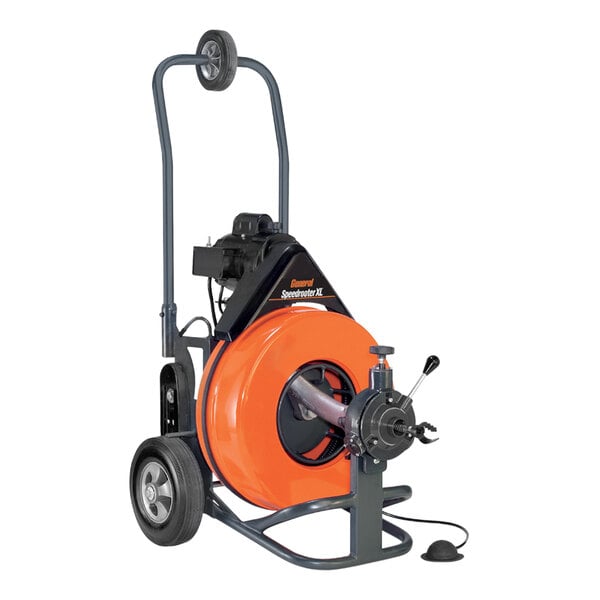 A close-up of a black and orange General Pipe Cleaners Speedrooter XL drain cleaning machine.