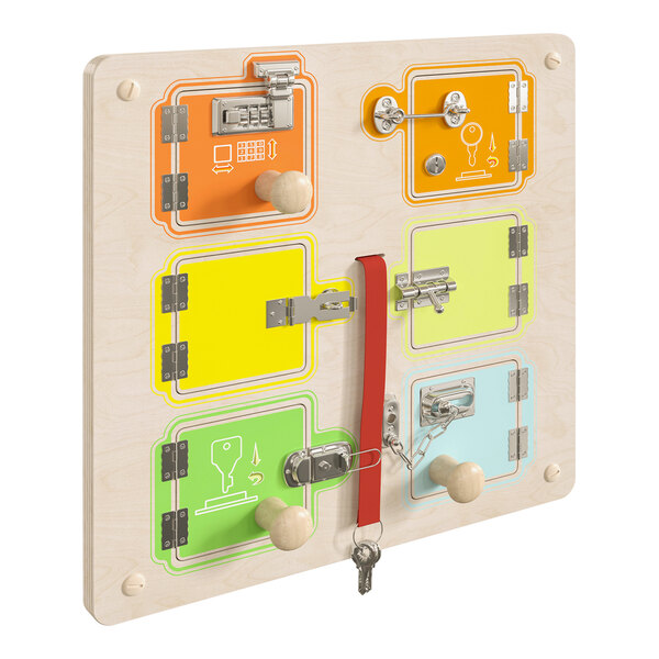 A Flash Furniture wooden wall activity board with locks and keys in different colors.