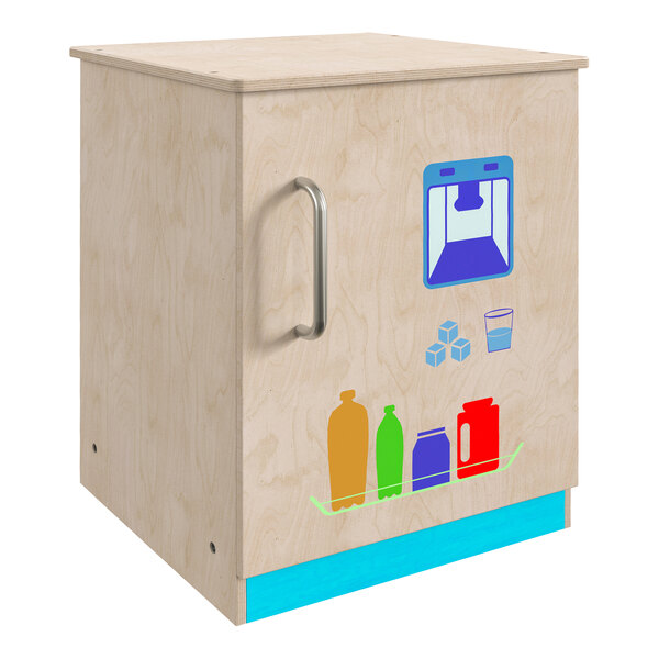 A Flash Furniture wooden children's play refrigerator with a handle and a door.