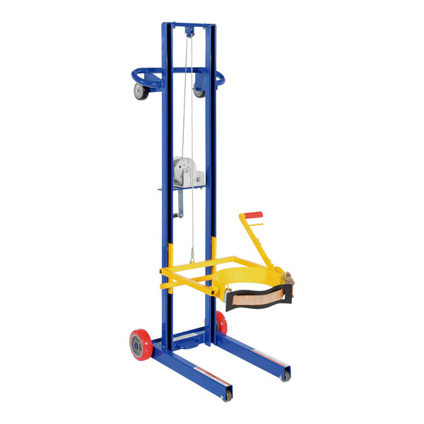 A blue and yellow hand truck with a yellow handle and a steel pail dispenser attached.