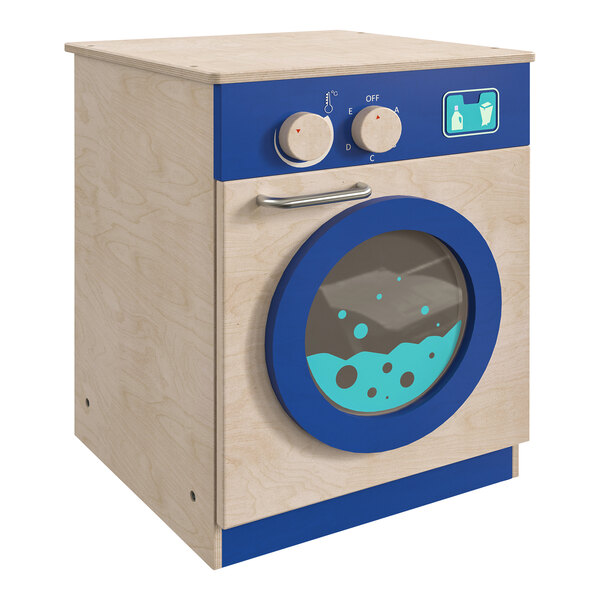 A Flash Furniture wooden children's play washing machine with blue and white accents and a window.