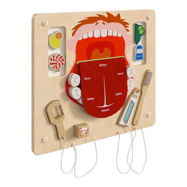 A Flash Furniture wooden wall activity board with a cartoon face and teeth.