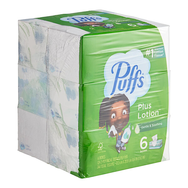 A plastic-wrapped case of 24 Puffs Plus Lotion facial tissue boxes.