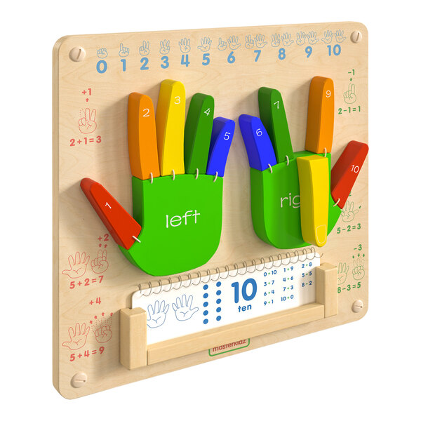 A Flash Furniture wooden wall activity board with colorful numbers and hands.