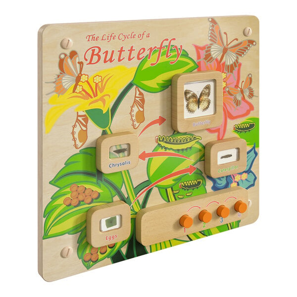 A Flash Furniture wooden wall activity board with buttons and pictures of butterflies.