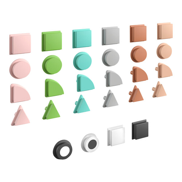 A group of different colored shapes including circles, squares, and buttons in pink, blue, and green.