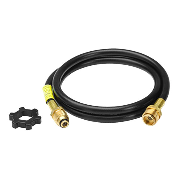 A close-up of a black Mr. Heater propane hose with gold connectors.