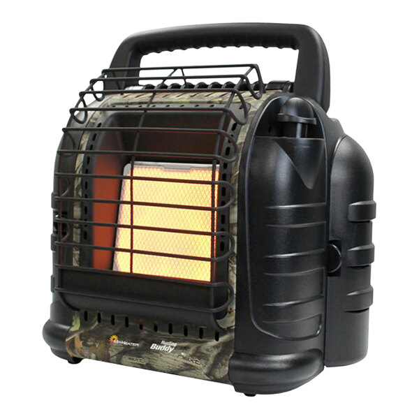 A Mr. Heater Hunting Buddy portable liquid propane heater with a camouflage cover.