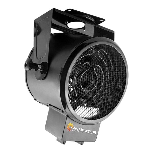 A black Mr. Heater ceiling mount forced air electric heater with a black cover over the fan and mesh.