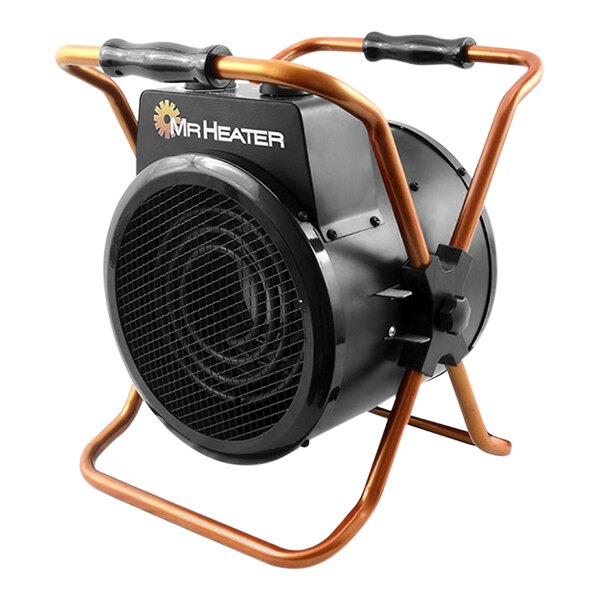 A Mr. Heater portable forced air electric heater with a black and orange handle.