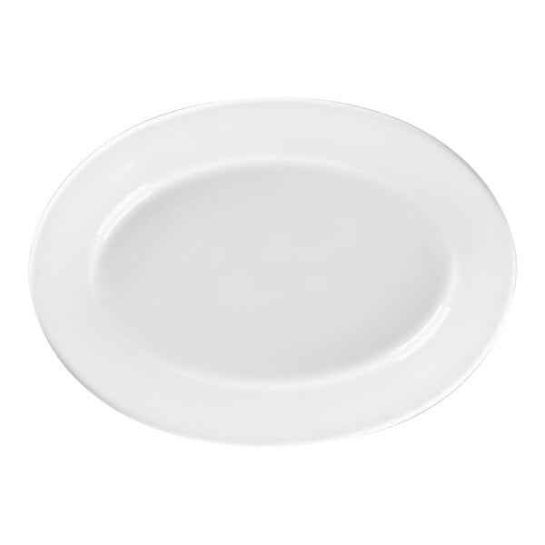 A white oval china platter with a wide ivory rim.