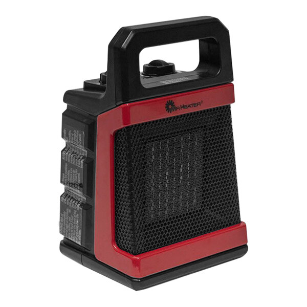 A red and black Mr. Heater portable electric heater with a black handle.