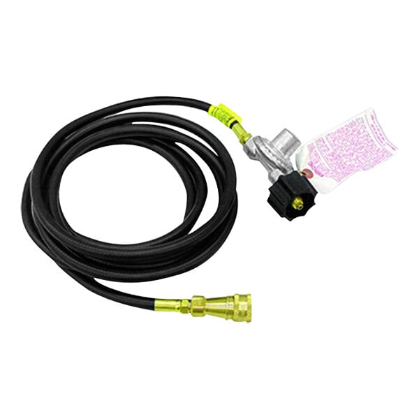 A black Mr. Heater propane hose with a yellow and green tag.