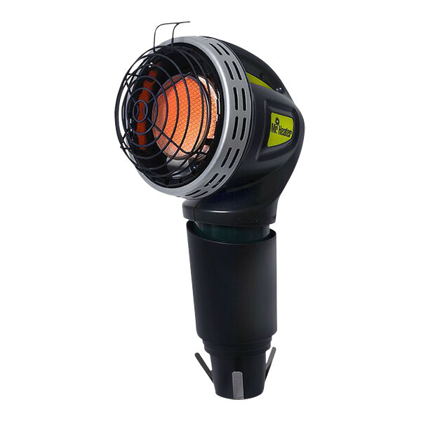 A black and yellow Mr. Heater portable golf cart heater.