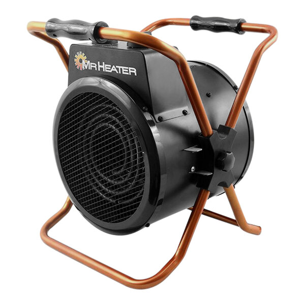 A Mr. Heater portable forced air electric heater for industrial use with a metal handle.