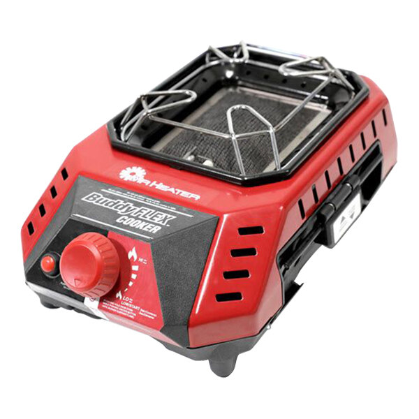 A red and black Mr. Heater Buddy FLEX portable propane radiant cooker on a counter.